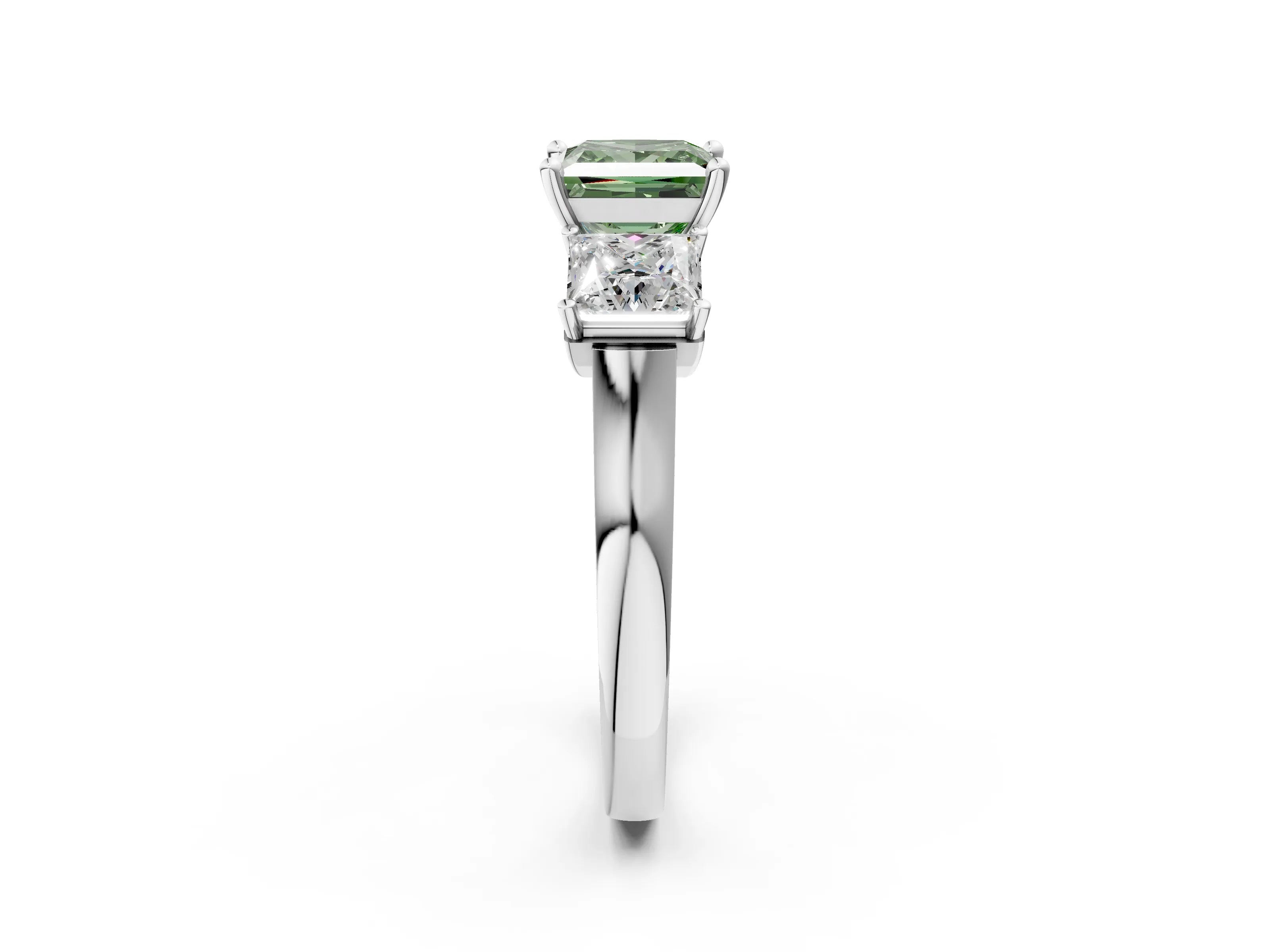 White gold Three-Stone Fancy Green Princess Cut Brilliant Diamond Trellis Ring with Comfort Fit Band_14