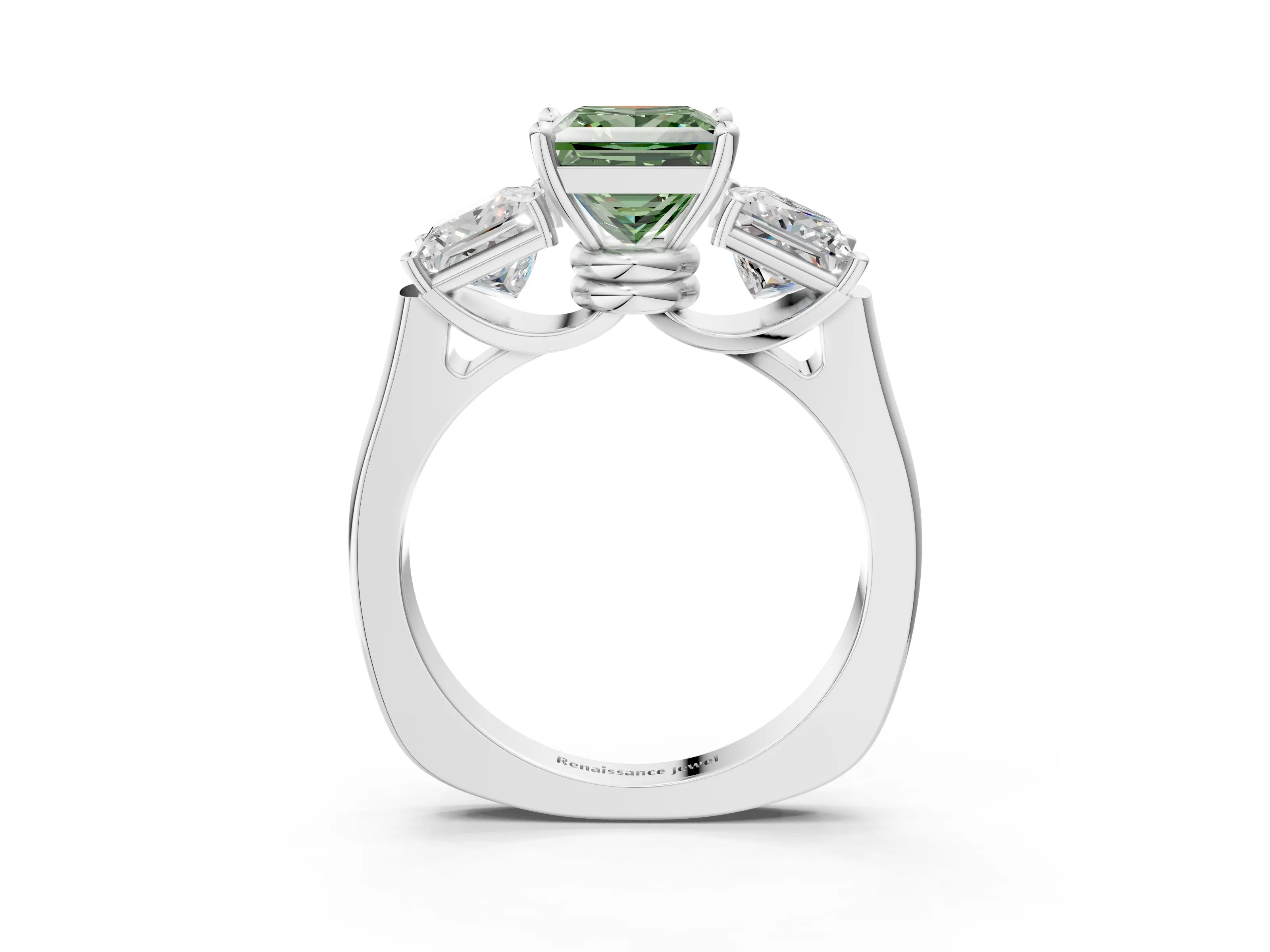 White gold Three-Stone Fancy Green Princess Cut Brilliant Diamond Trellis Ring with Comfort Fit Band_15
