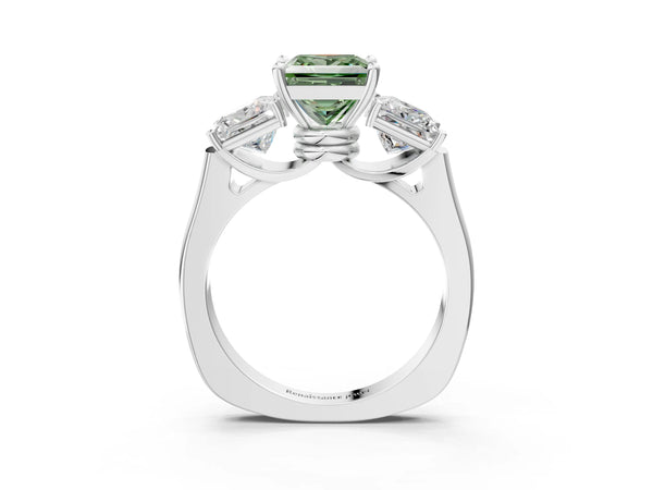 White gold Three-Stone Fancy Green Princess Cut Brilliant Diamond Trellis Ring with Comfort Fit Band