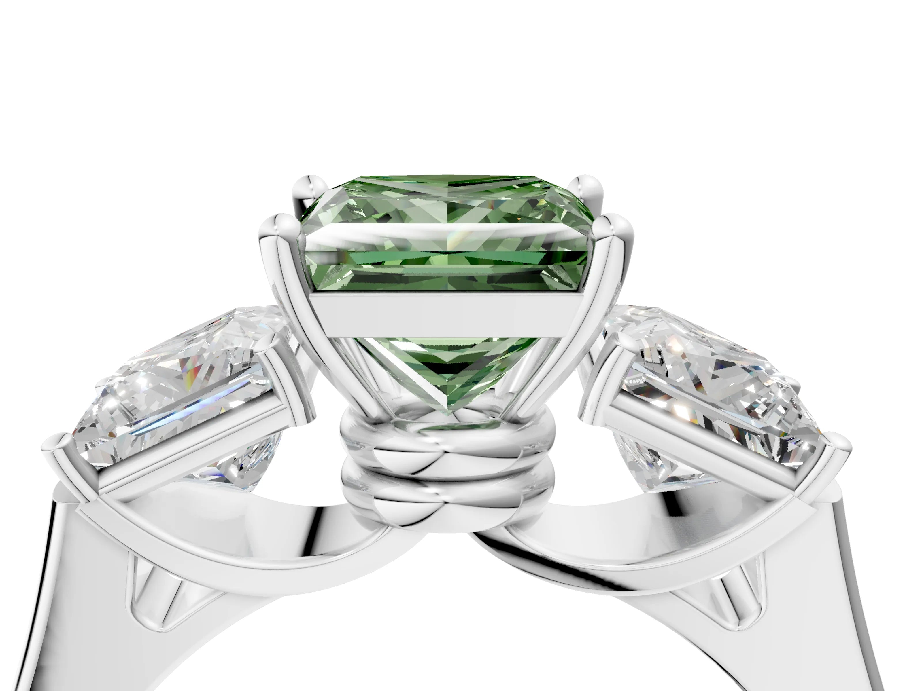 White gold Three-Stone Fancy Green Princess Cut Brilliant Diamond Trellis Ring with Comfort Fit Band_16