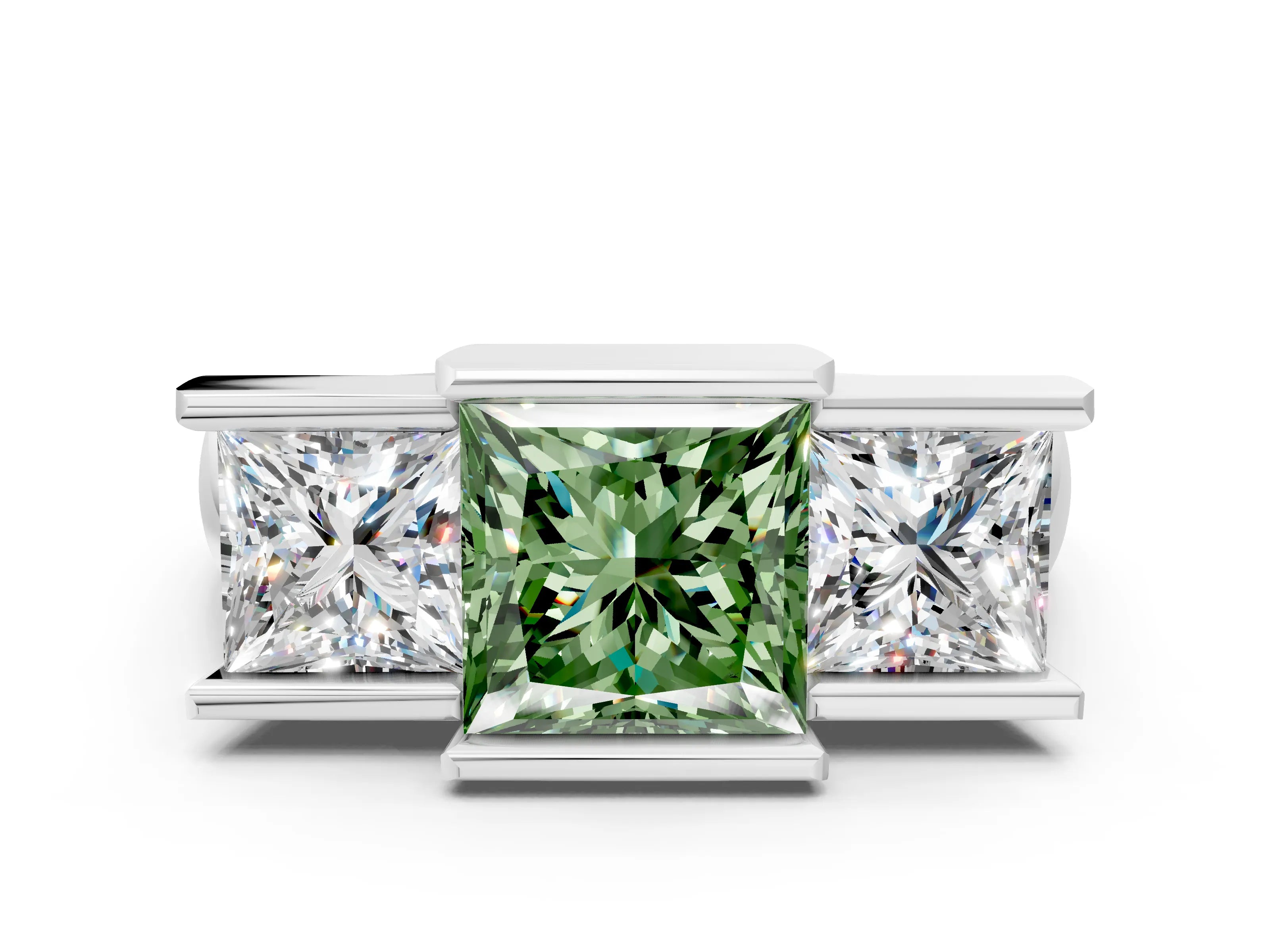 White gold Three Stone Fancy Green Princess Cut Cut Channel Set Diamond Ring_24