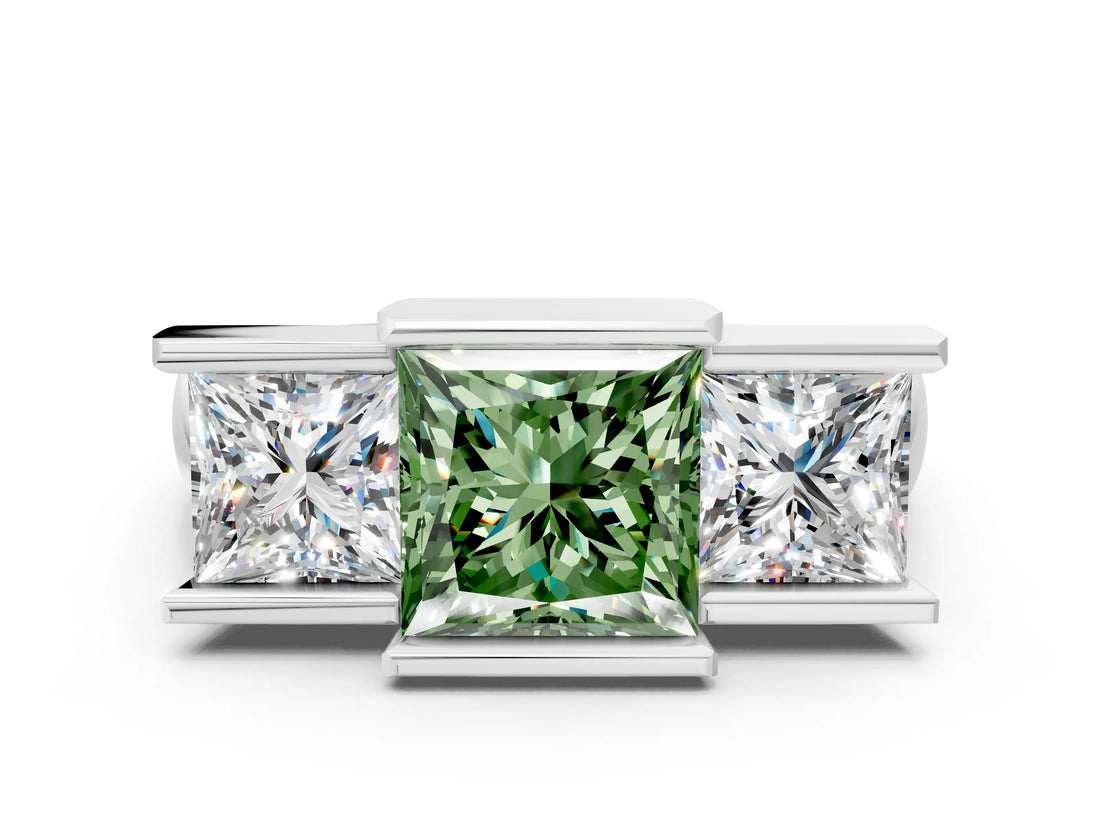 White gold Three Stone Fancy Green Princess Cut Cut Channel Set Diamond Ring_24