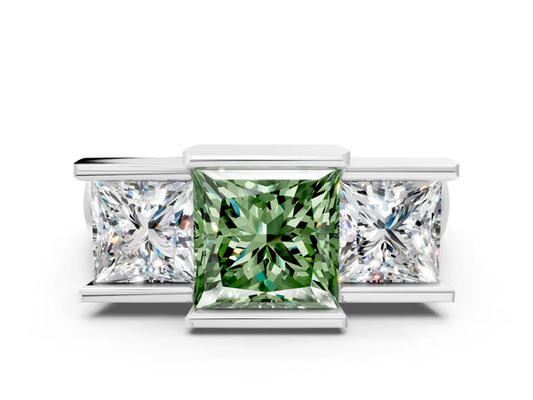 White gold Three Stone Fancy Green Princess Cut Cut Channel Set Diamond Ring