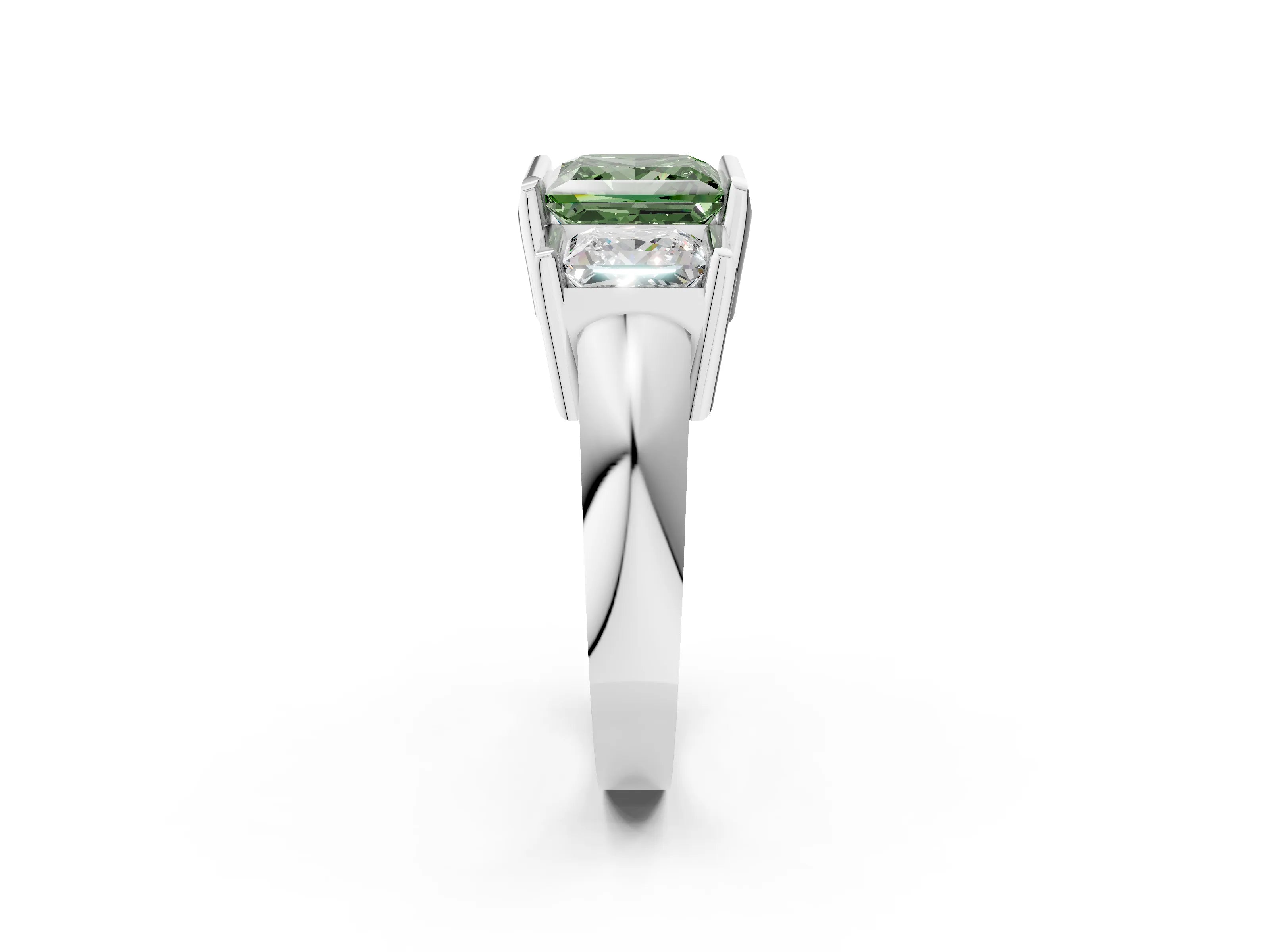 White gold Three Stone Fancy Green Princess Cut Cut Channel Set Diamond Ring_26