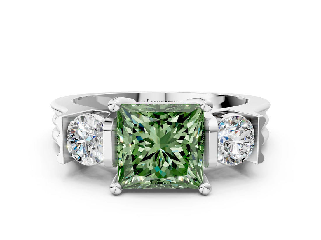 White gold Three-Stone Fancy Green Princess Cut Cut Classic Band Prong Setting Ring
