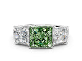White gold Three-Stone Fancy Green Princess Cut Cut Diamond Engagement Ring with Flat Band and Four-Prong Setting_12