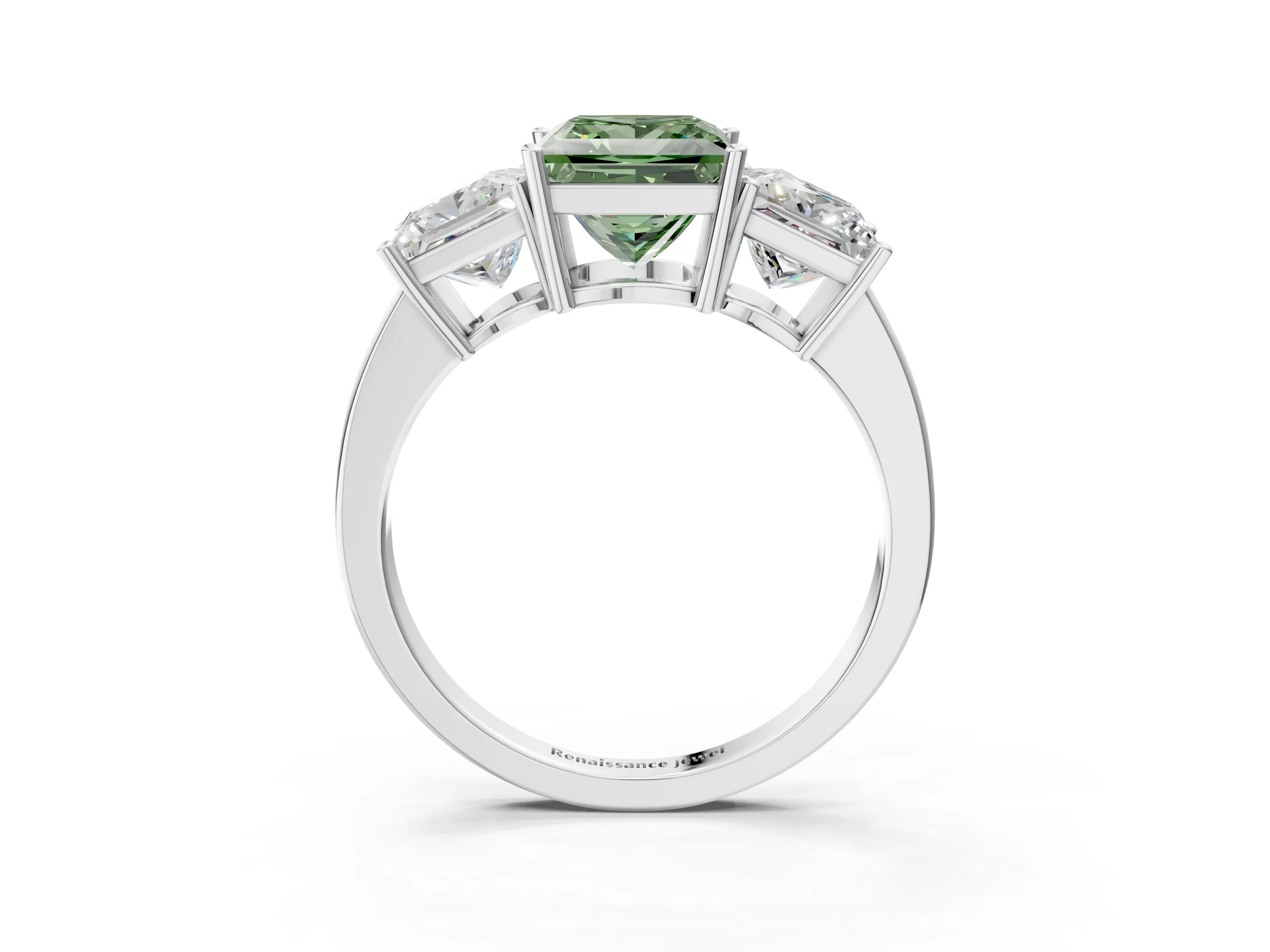 White gold Three-Stone Fancy Green Princess Cut Cut Diamond Engagement Ring with Flat Band and Four-Prong Setting_15