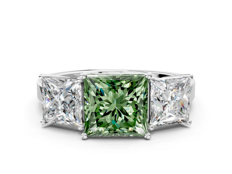 White gold Three-Stone Fancy Green Princess Cut Cut Diamond Engagement Ring with Flat Band and Four-Prong Setting