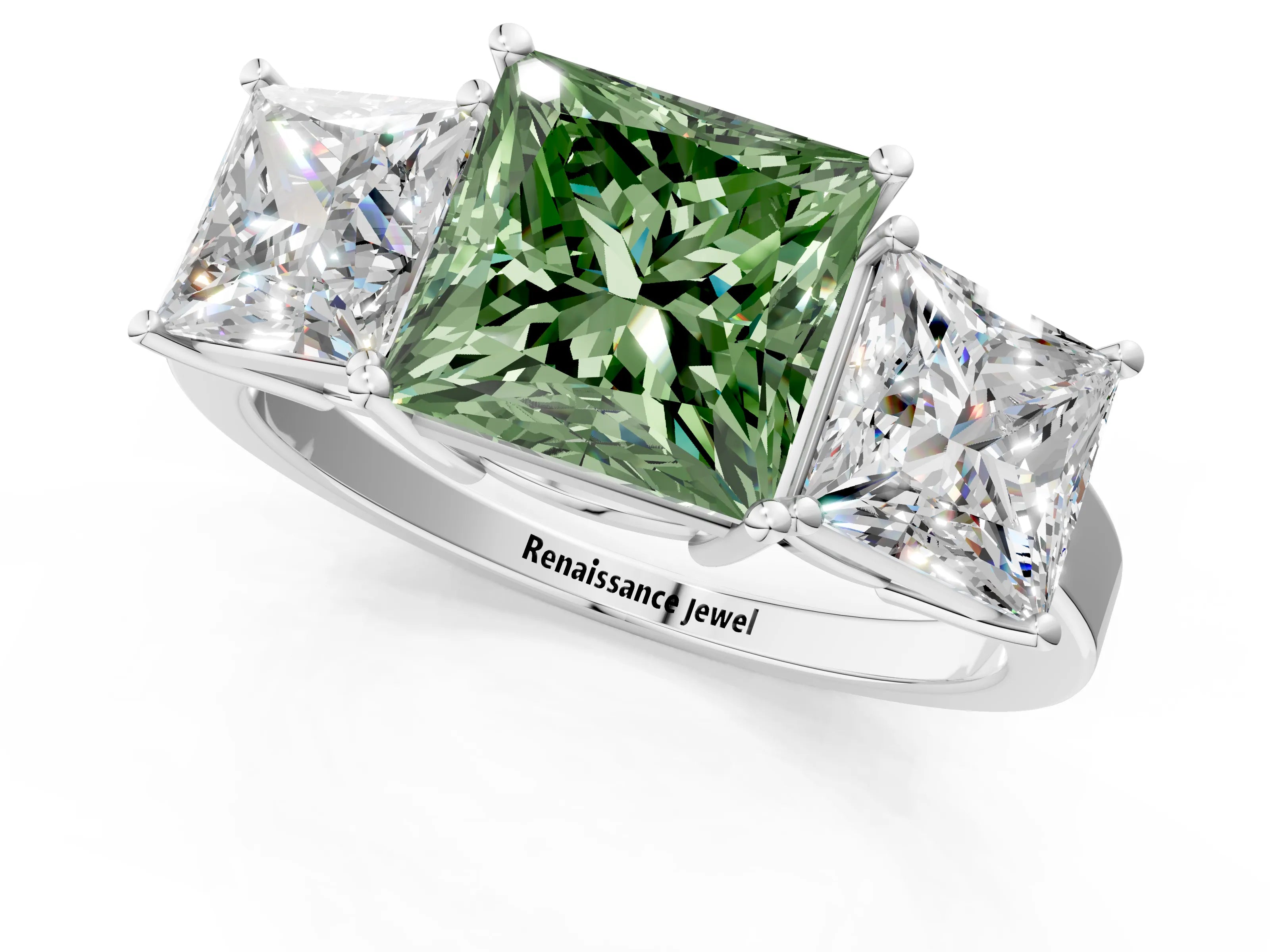 White gold Three-Stone Fancy Green Princess Cut Cut Diamond Engagement Ring with Flat Band and Four-Prong Setting_1