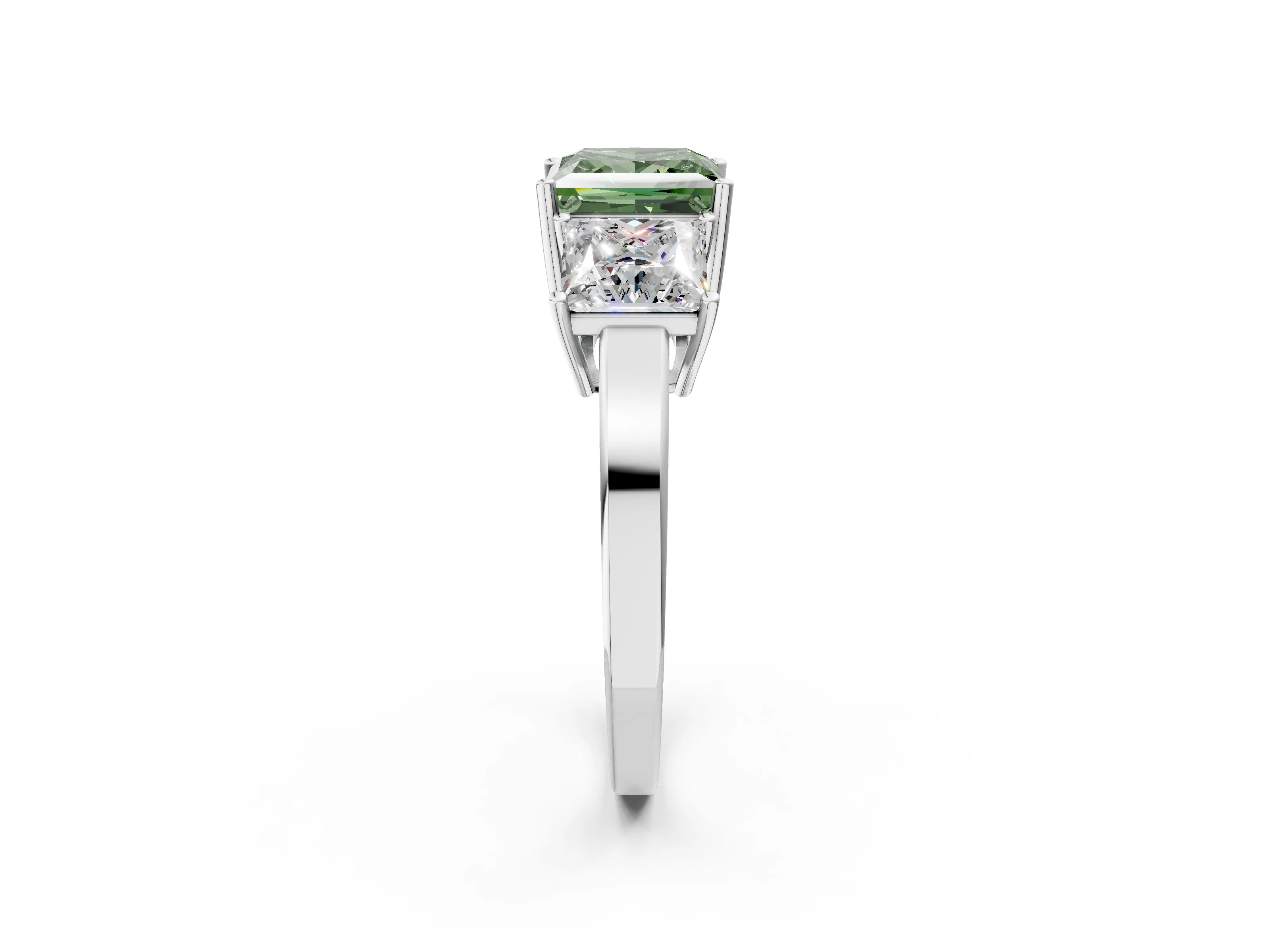 White gold Three-Stone Fancy Green Princess Cut Cut Diamond Engagement Ring with Flat Band and Four-Prong Setting_2