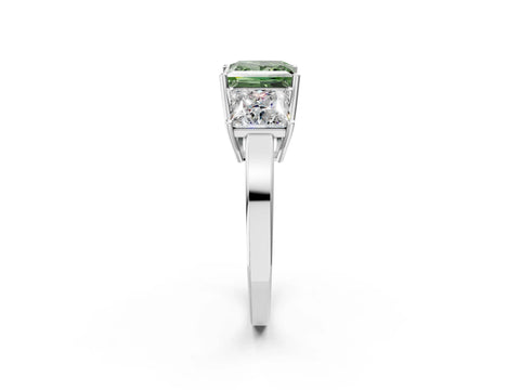 White gold Three-Stone Fancy Green Princess Cut Cut Diamond Engagement Ring with Flat Band and Four-Prong Setting_2