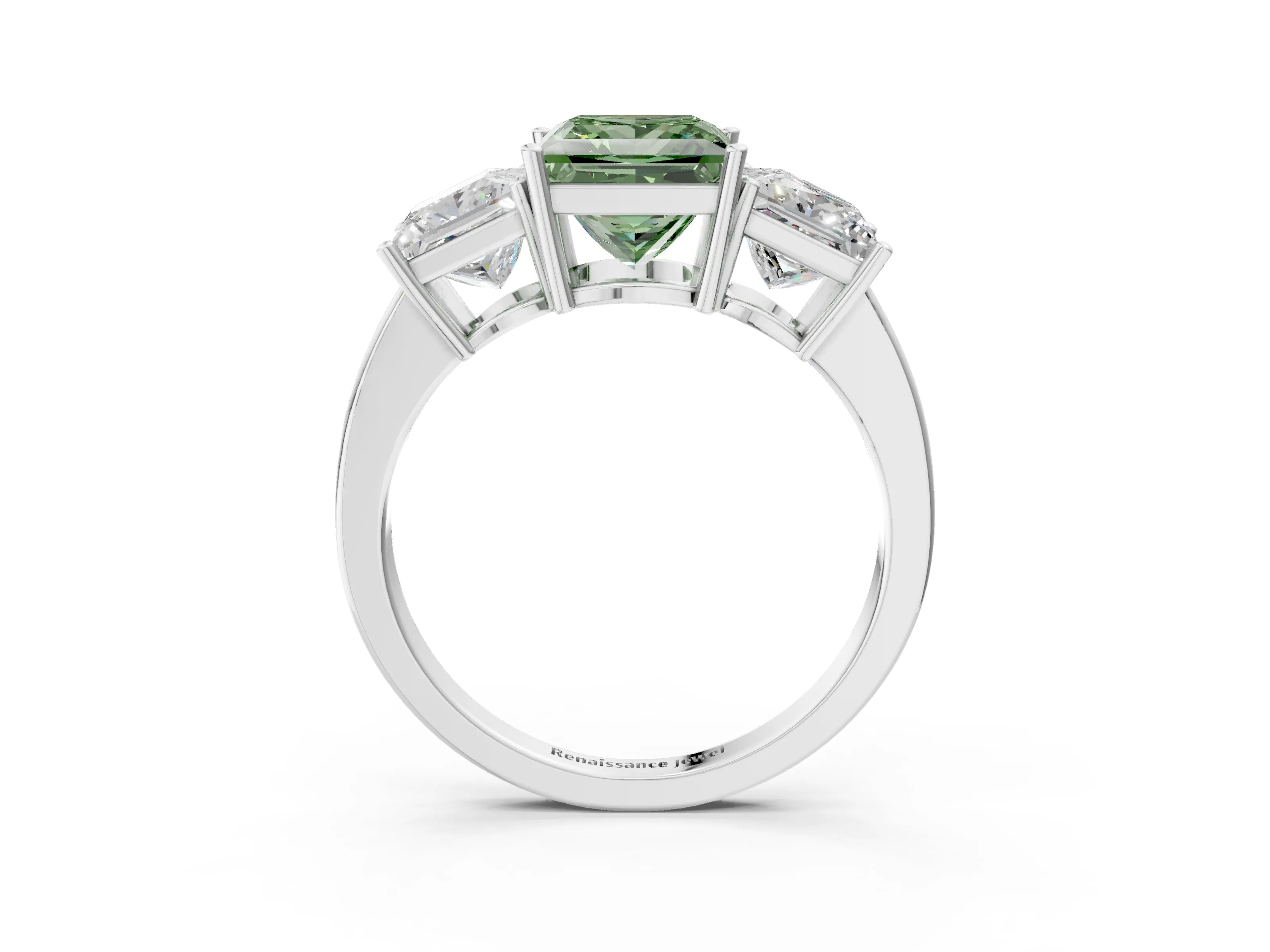 White gold Three-Stone Fancy Green Princess Cut Cut Diamond Engagement Ring with Flat Band and Four-Prong Setting_3