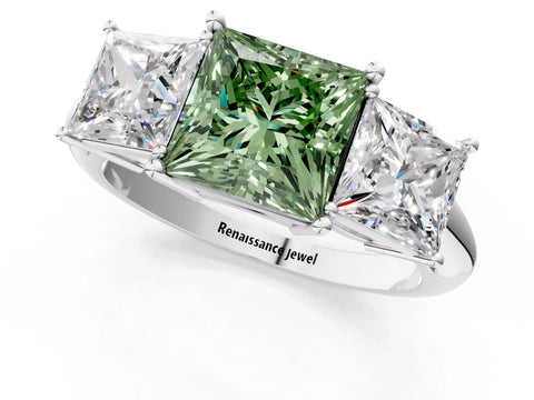 White gold Three-Stone Fancy Green Princess Cut Cut Diamond Engagement Ring with Prong Setting on a White Gold Band_13