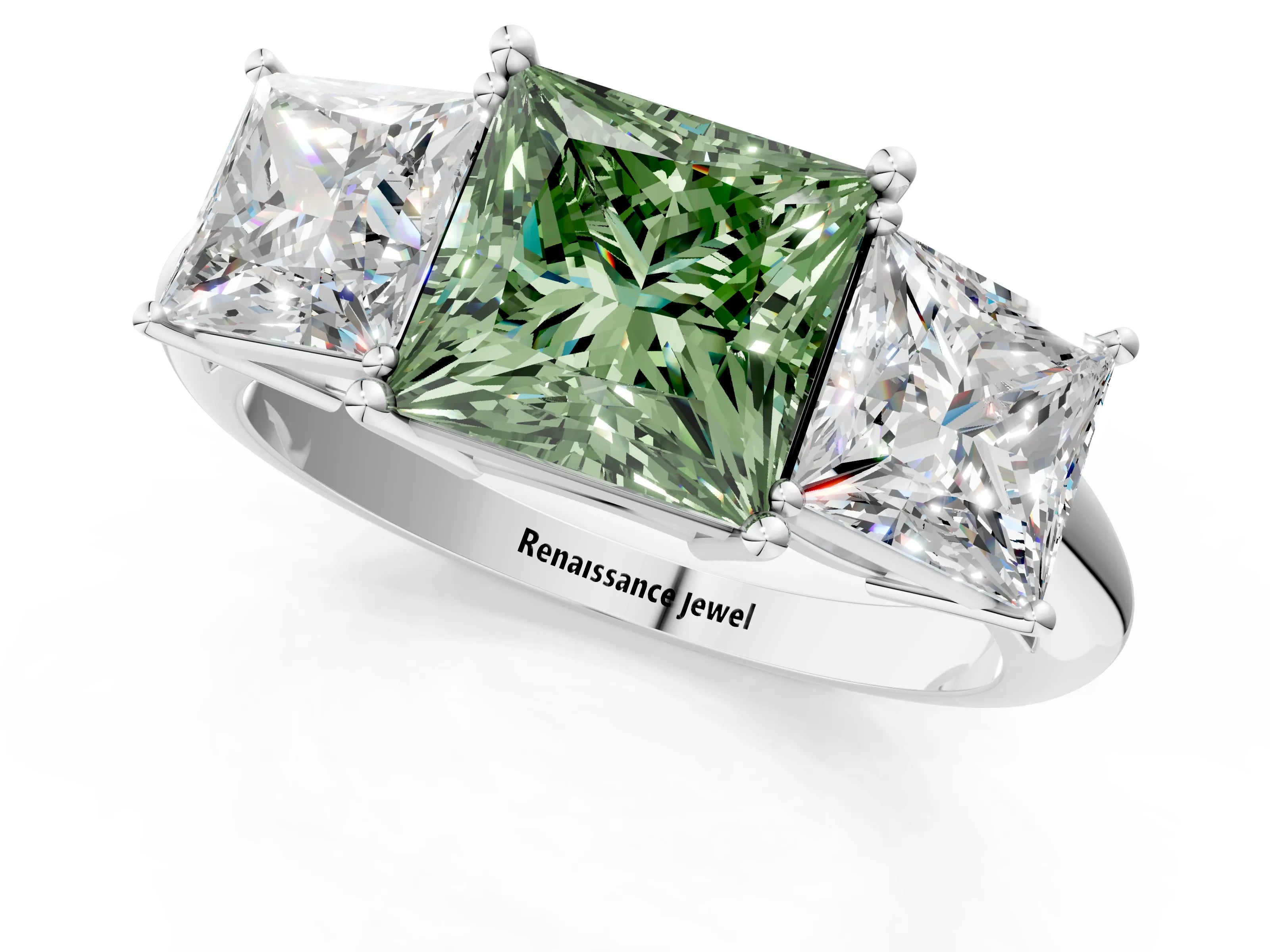 White gold Three-Stone Fancy Green Princess Cut Cut Diamond Engagement Ring with Prong Setting on a White Gold Band_13