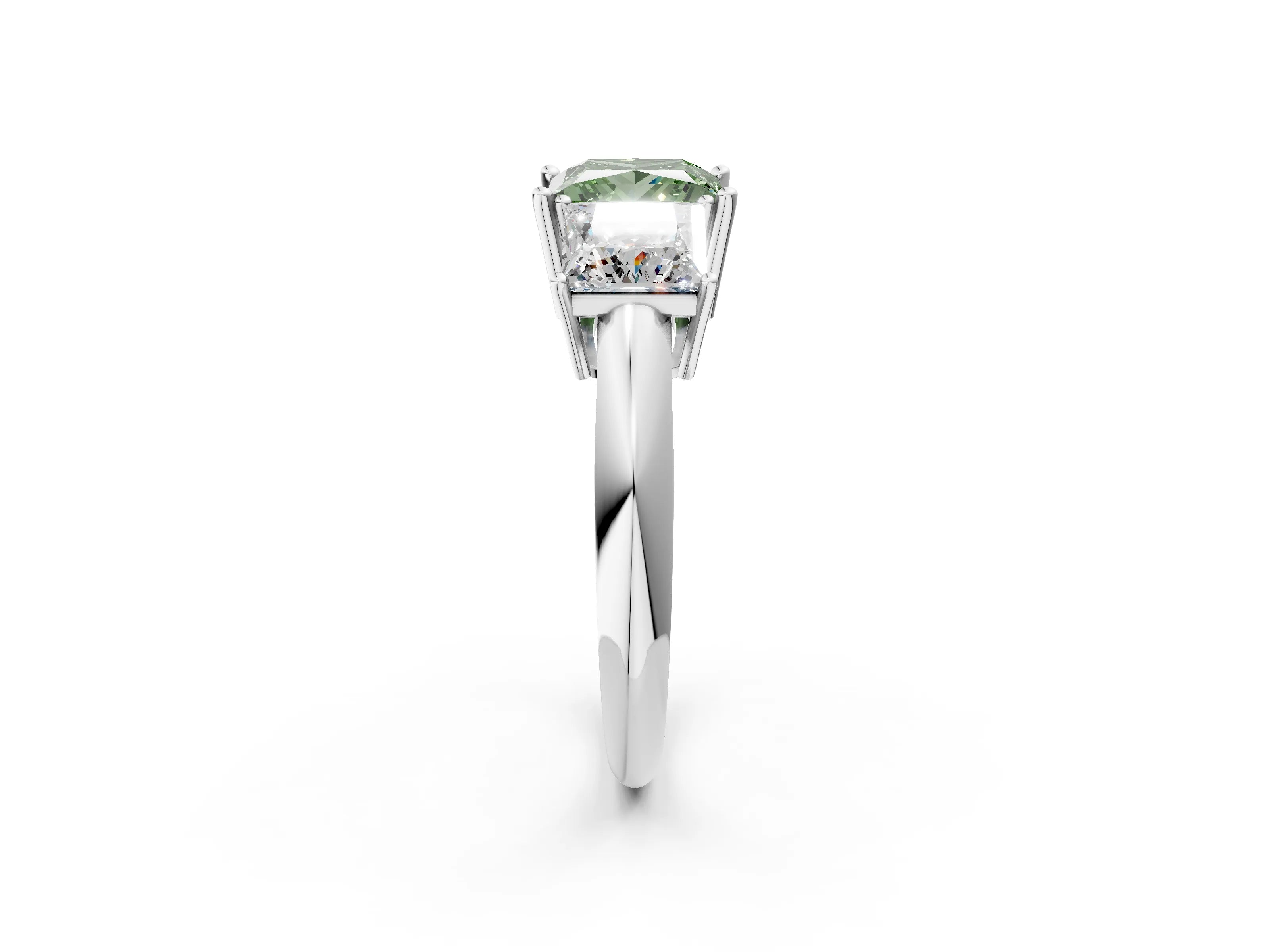 White gold Three-Stone Fancy Green Princess Cut Cut Diamond Engagement Ring with Prong Setting on a White Gold Band_14