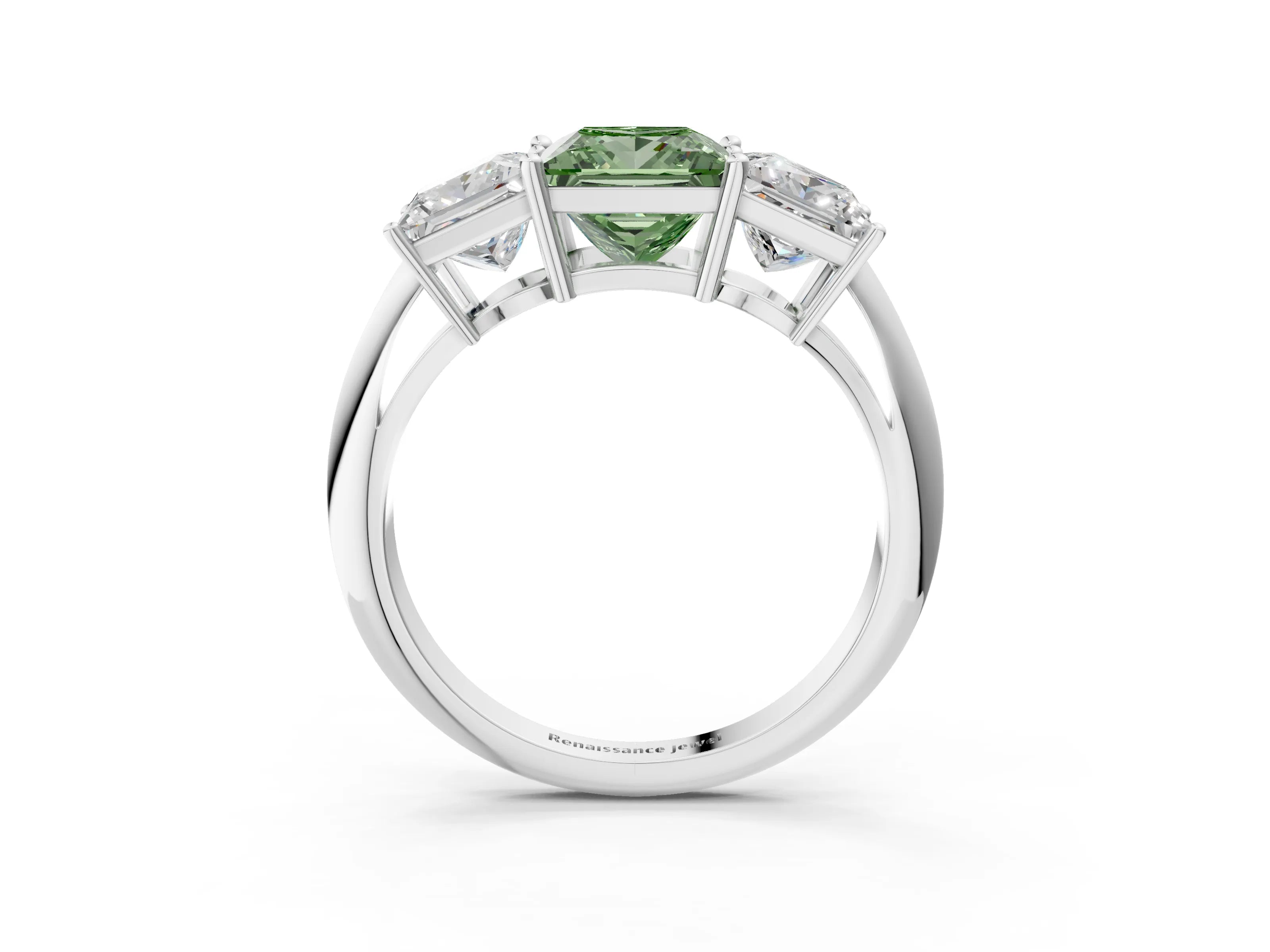 White gold Three-Stone Fancy Green Princess Cut Cut Diamond Engagement Ring with Prong Setting on a White Gold Band_15