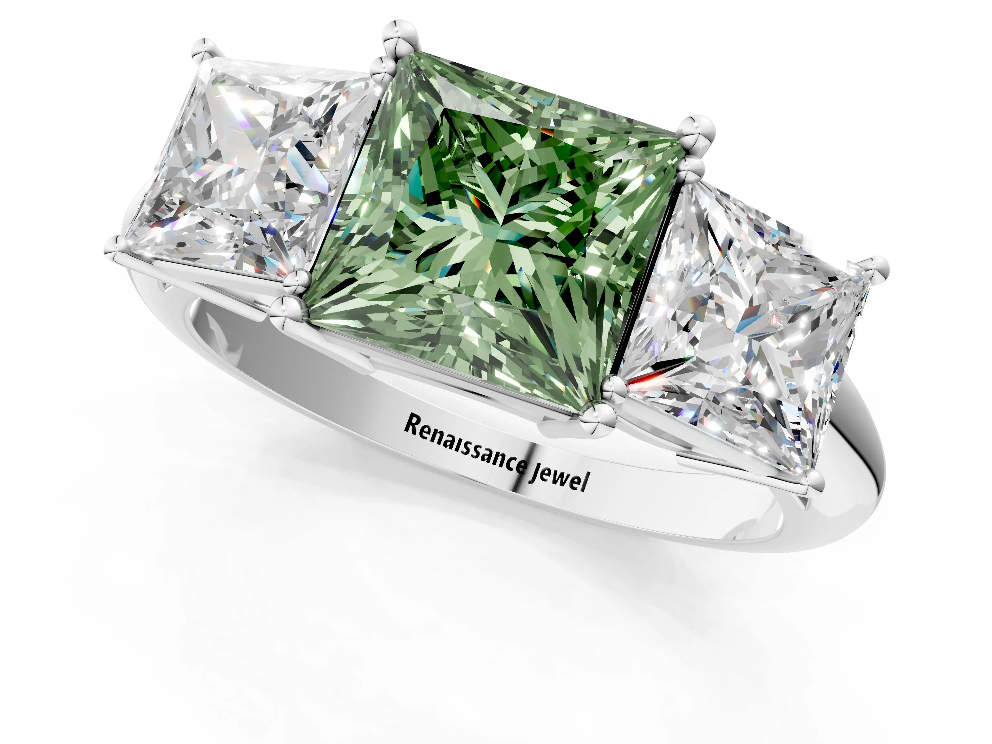 White gold Three-Stone Fancy Green Princess Cut Cut Diamond Engagement Ring with Prong Setting on a White Gold Band_60