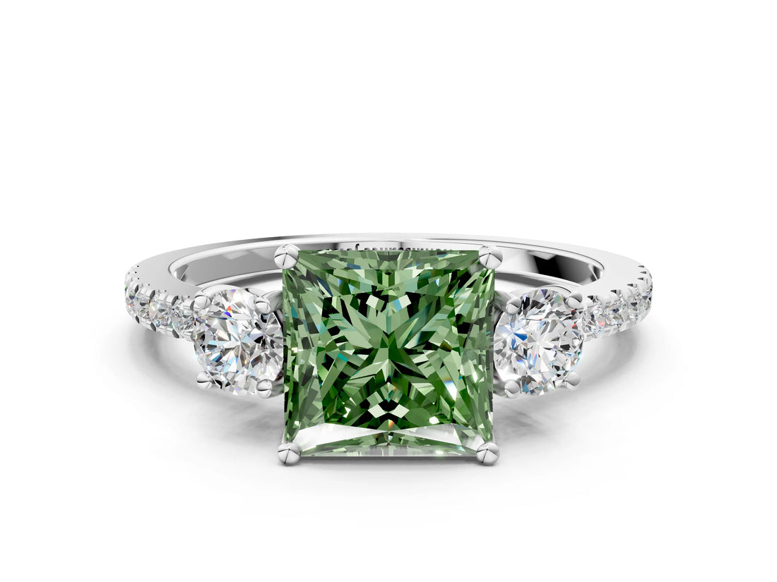 White gold Three-Stone Fancy Green Princess Cut Cut Diamond Pavé Band with Prong Setting_27