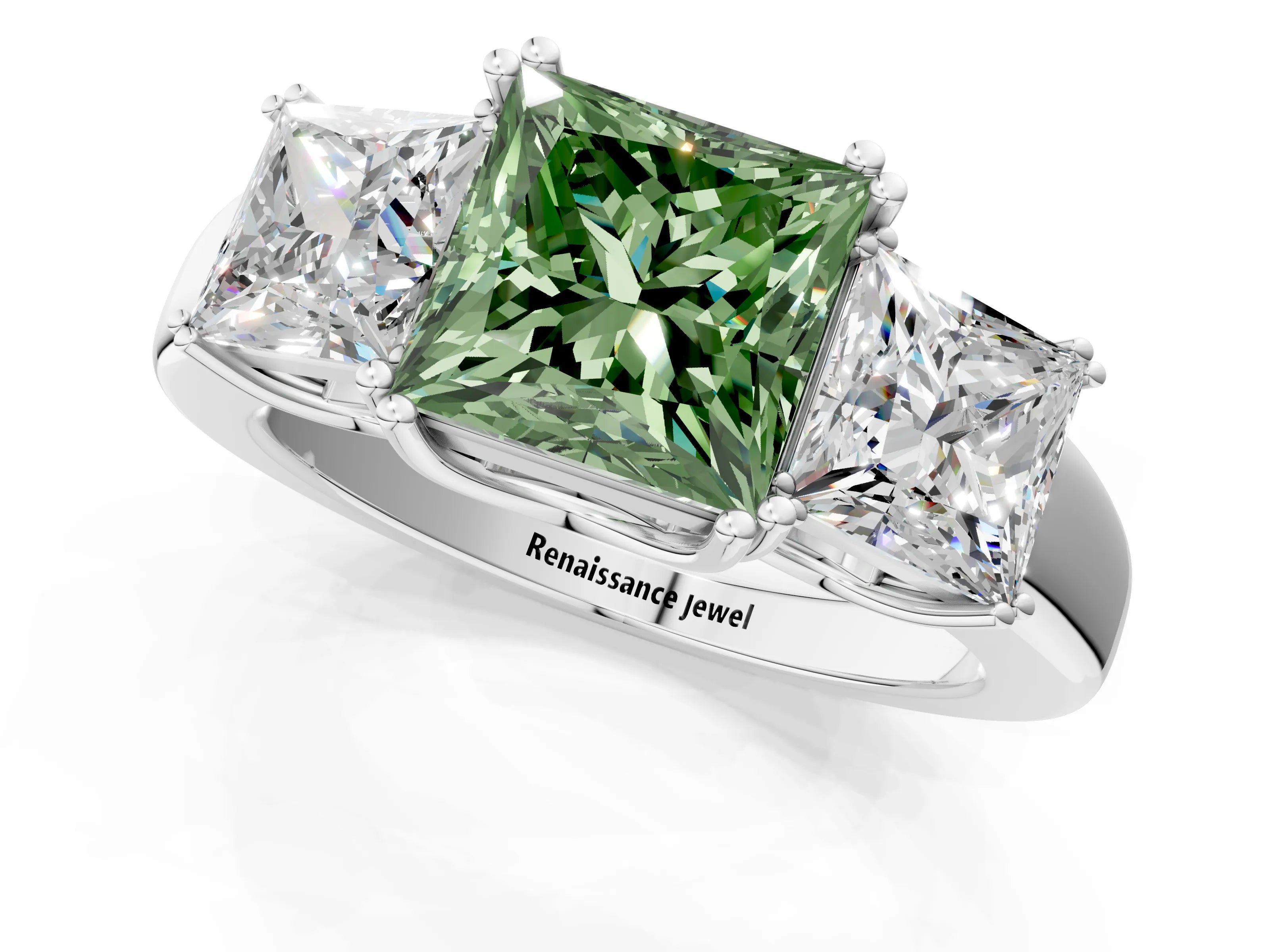 White gold Three-Stone Fancy Green Princess Cut Cut Diamond Ring with Channel Set Band and Four-Prong Setting_1