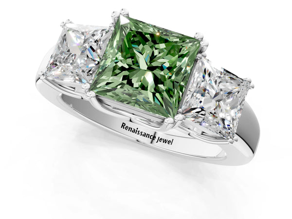 Platinum Three-Stone Fancy Green Princess Cut Cut Diamond Ring with Channel Set Band and Four-Prong Setting