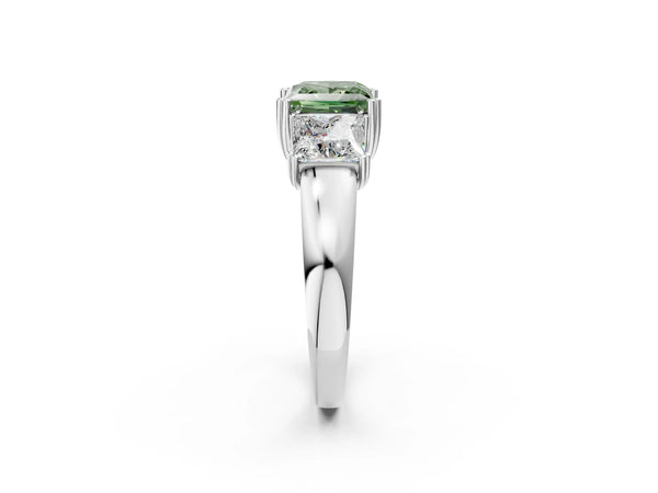 Platinum Three-Stone Fancy Green Princess Cut Cut Diamond Ring with Channel Set Band and Four-Prong Setting