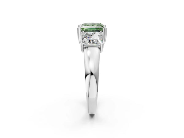 Platinum Three-Stone Fancy Green Princess Cut Cut Diamond Ring with Channel Set Band and Four-Prong Setting