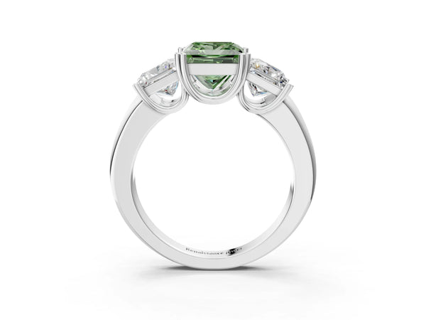 Platinum Three-Stone Fancy Green Princess Cut Cut Diamond Ring with Channel Set Band and Four-Prong Setting