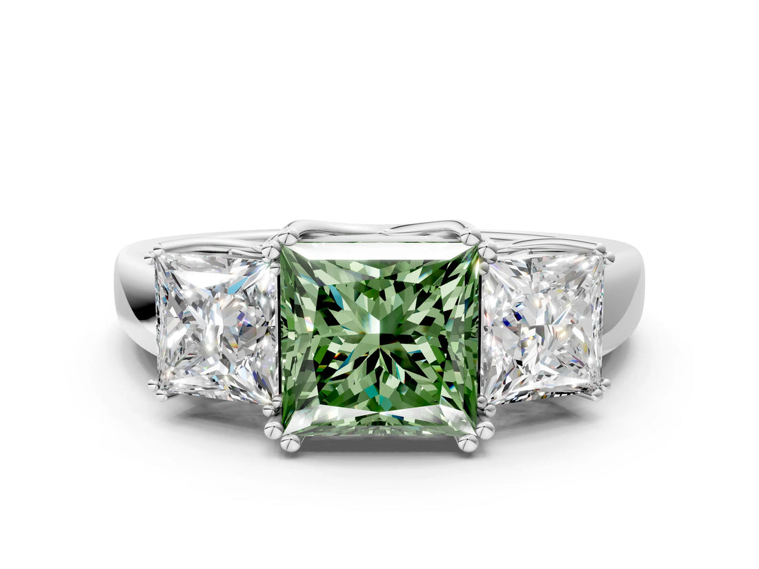 White gold Three-Stone Fancy Green Princess Cut Cut Diamond Ring with Channel Set Band and Four-Prong Setting_37