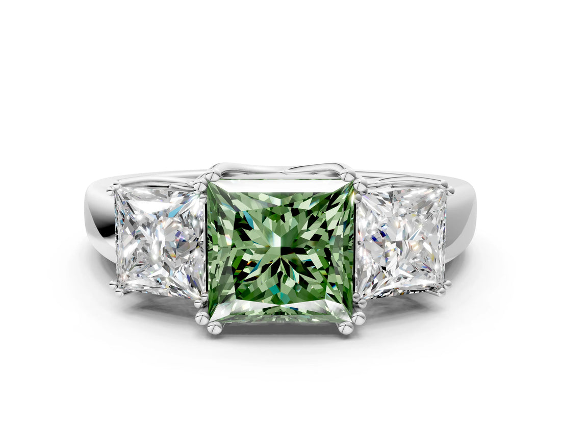 White gold Three-Stone Fancy Green Princess Cut Cut Diamond Ring with Channel Set Band and Four-Prong Setting