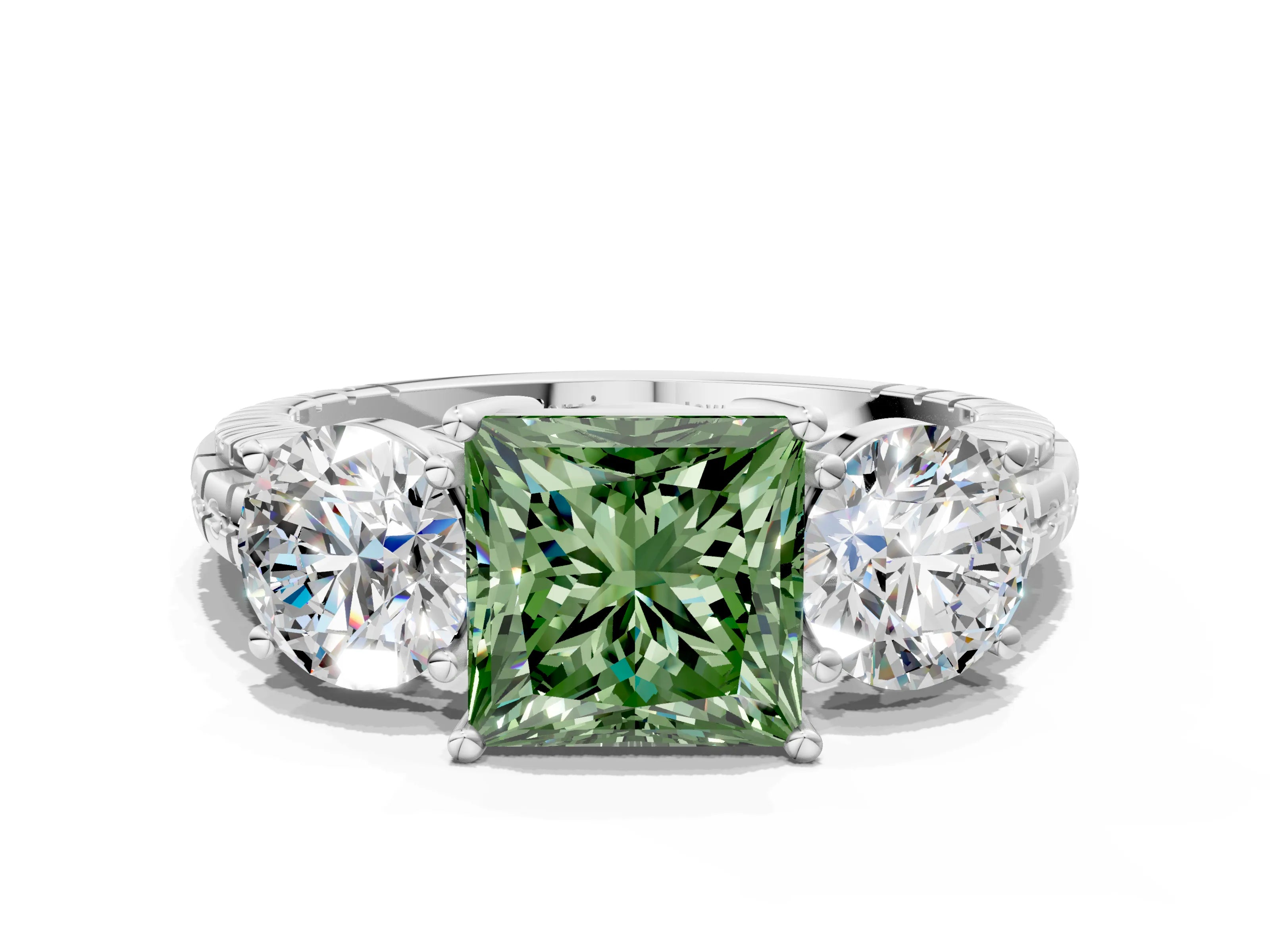White gold Three-Stone Fancy Green Princess Cut Cut Diamond Ring with Channel-Set Band and Prong Setting
