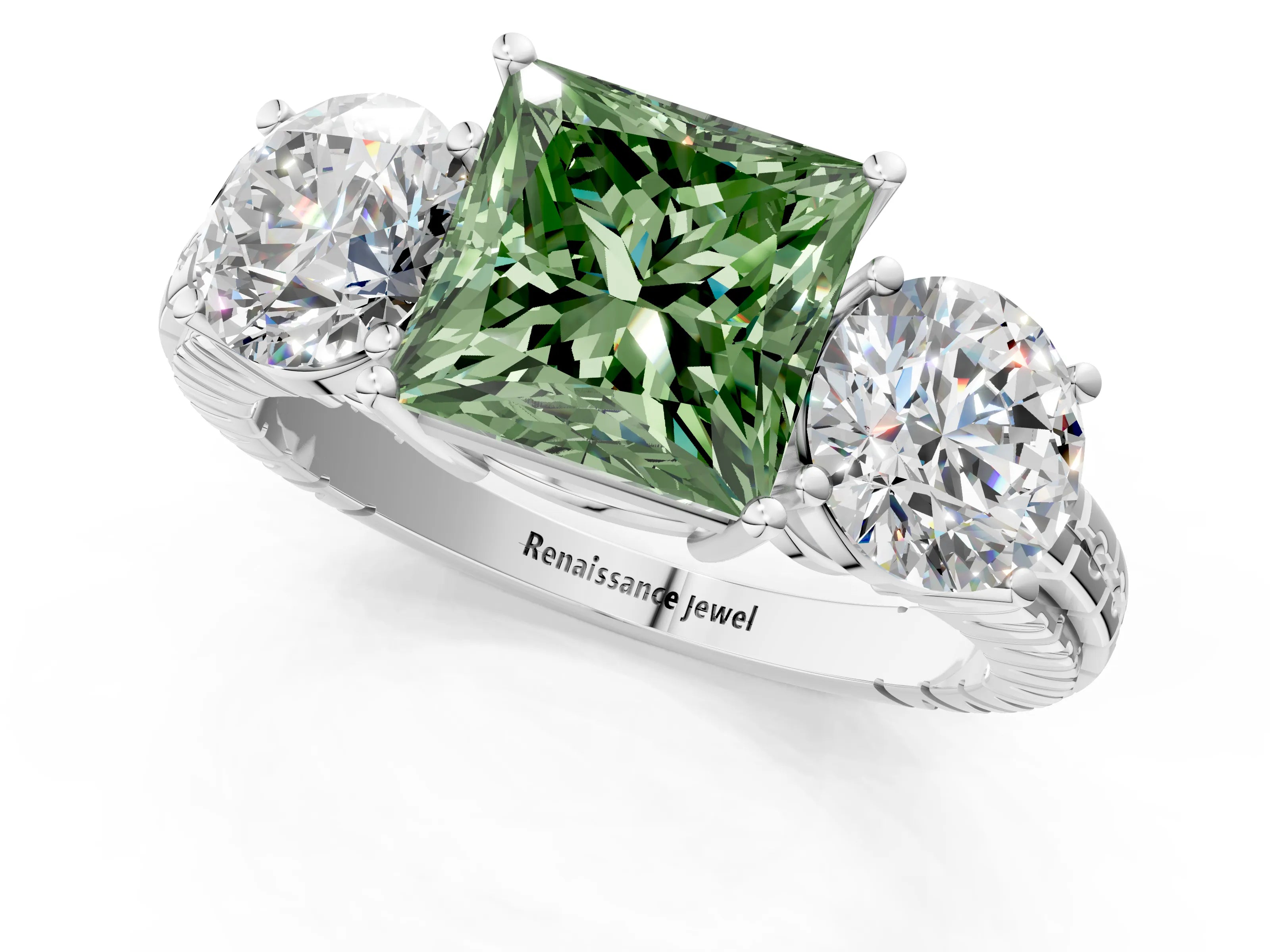White gold Three-Stone Fancy Green Princess Cut Cut Diamond Ring with Channel-Set Band and Prong Setting_1