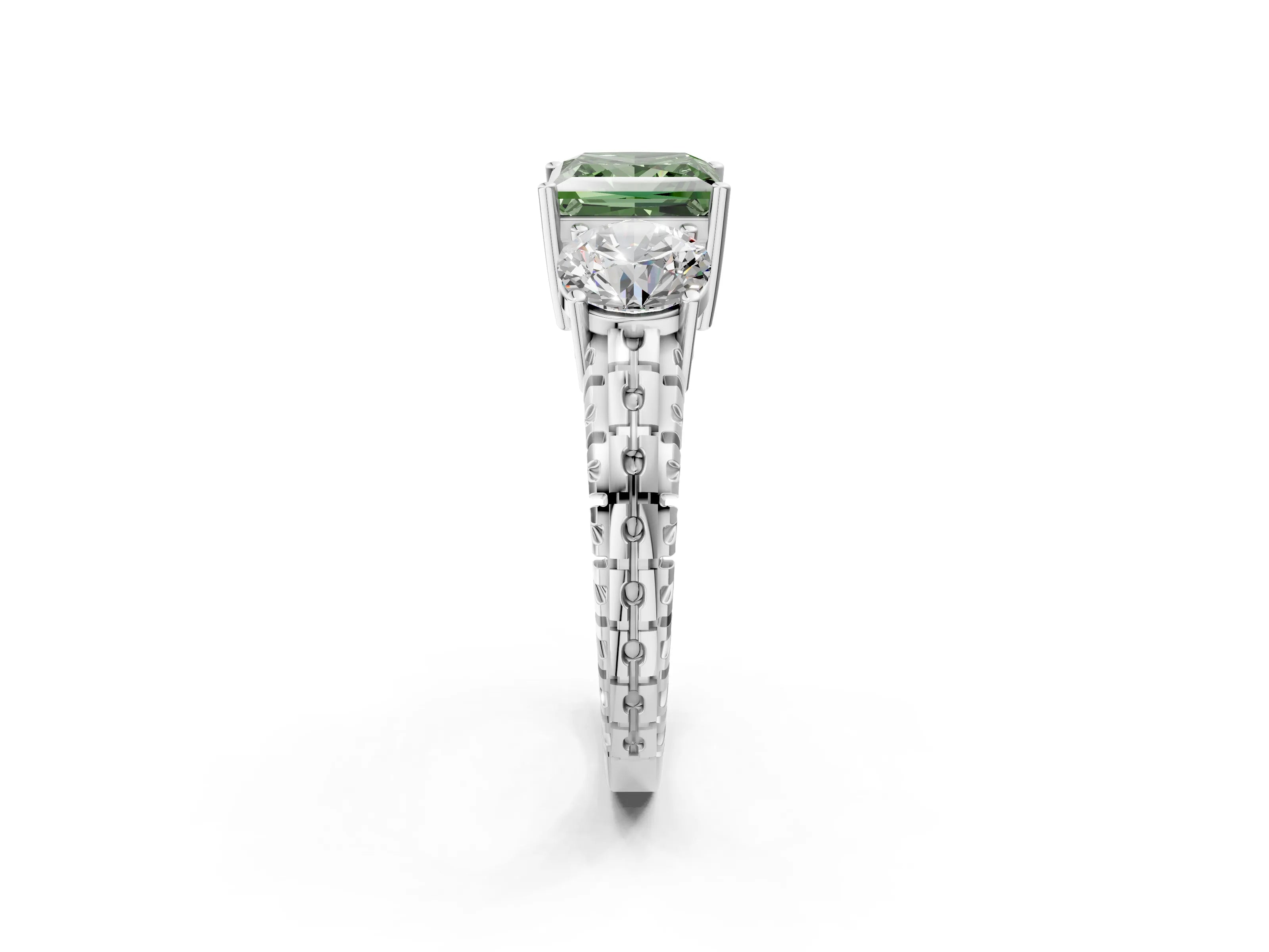 White gold Three-Stone Fancy Green Princess Cut Cut Diamond Ring with Channel-Set Band and Prong Setting_2