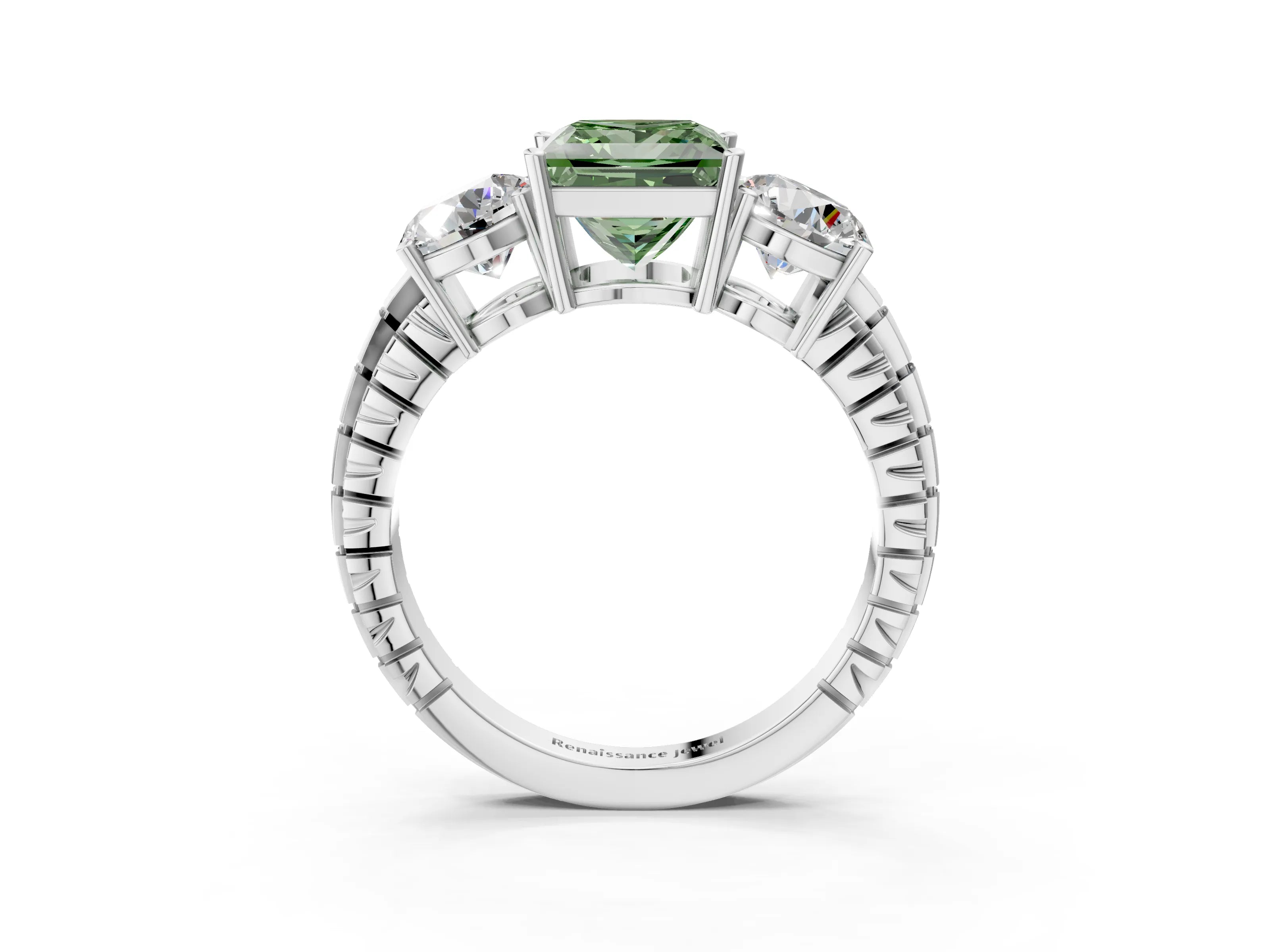 White gold Three-Stone Fancy Green Princess Cut Cut Diamond Ring with Channel-Set Band and Prong Setting_3