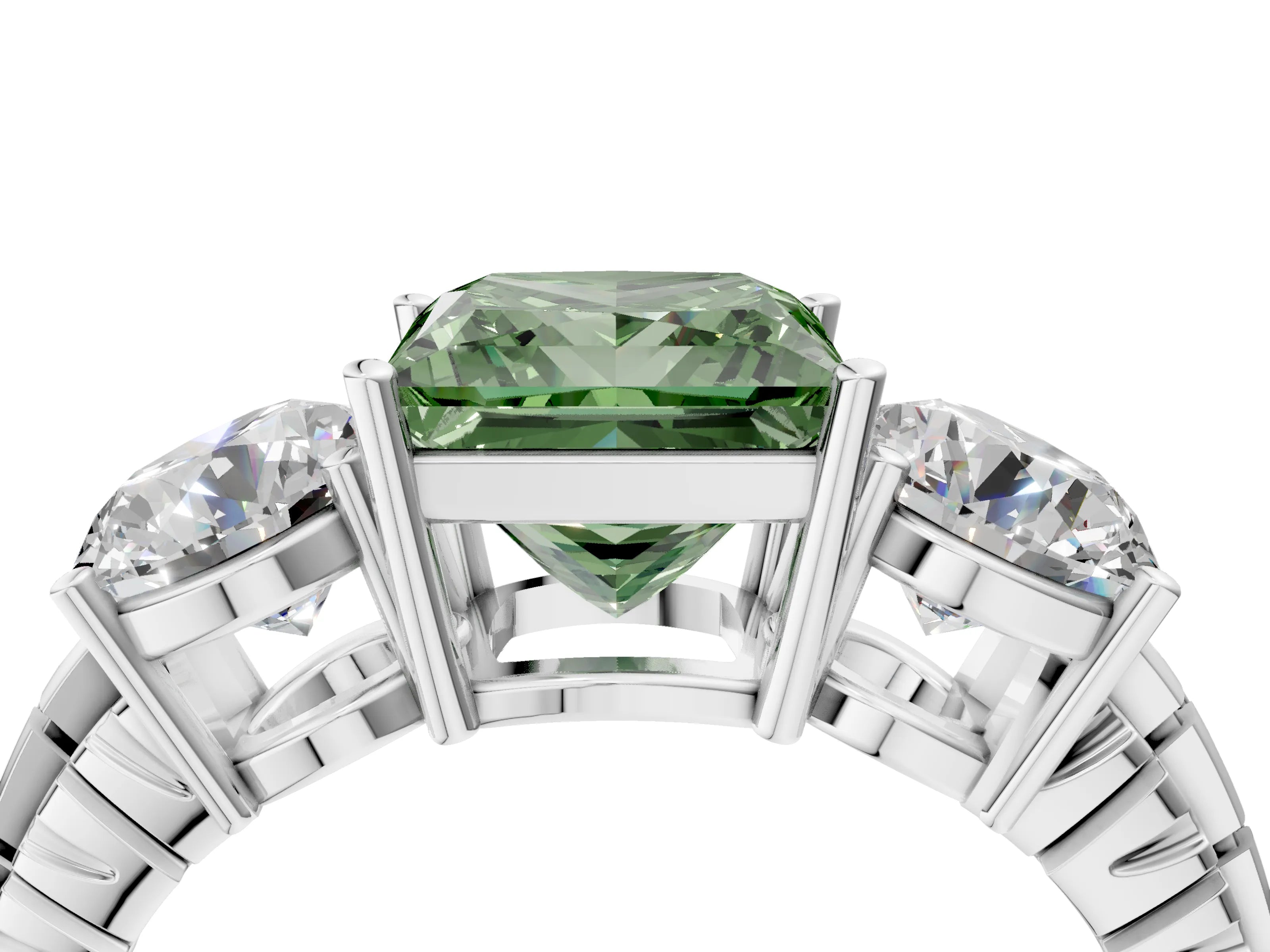 White gold Three-Stone Fancy Green Princess Cut Cut Diamond Ring with Channel-Set Band and Prong Setting_4