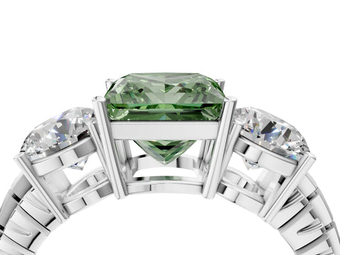 White gold Three-Stone Fancy Green Princess Cut Cut Diamond Ring with Channel-Set Band and Prong Setting_4