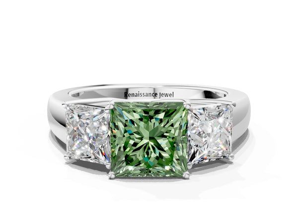 Platinum Three-Stone Fancy Green Princess Cut Cut Diamond Ring with Prong Setting and Classic Band