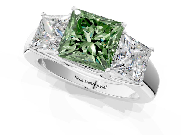 Platinum Three-Stone Fancy Green Princess Cut Cut Diamond Ring with Prong Setting and Classic Band