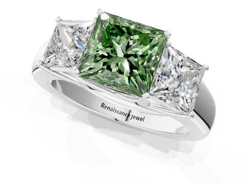 White gold Three-Stone Fancy Green Princess Cut Cut Diamond Ring with Prong Setting and Classic Band_1