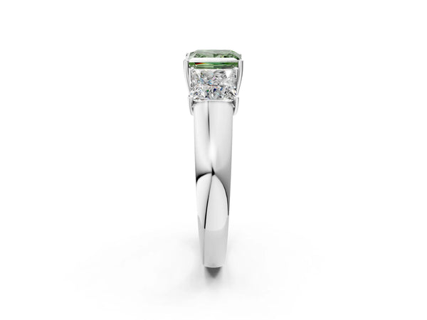 Platinum Three-Stone Fancy Green Princess Cut Cut Diamond Ring with Prong Setting and Classic Band