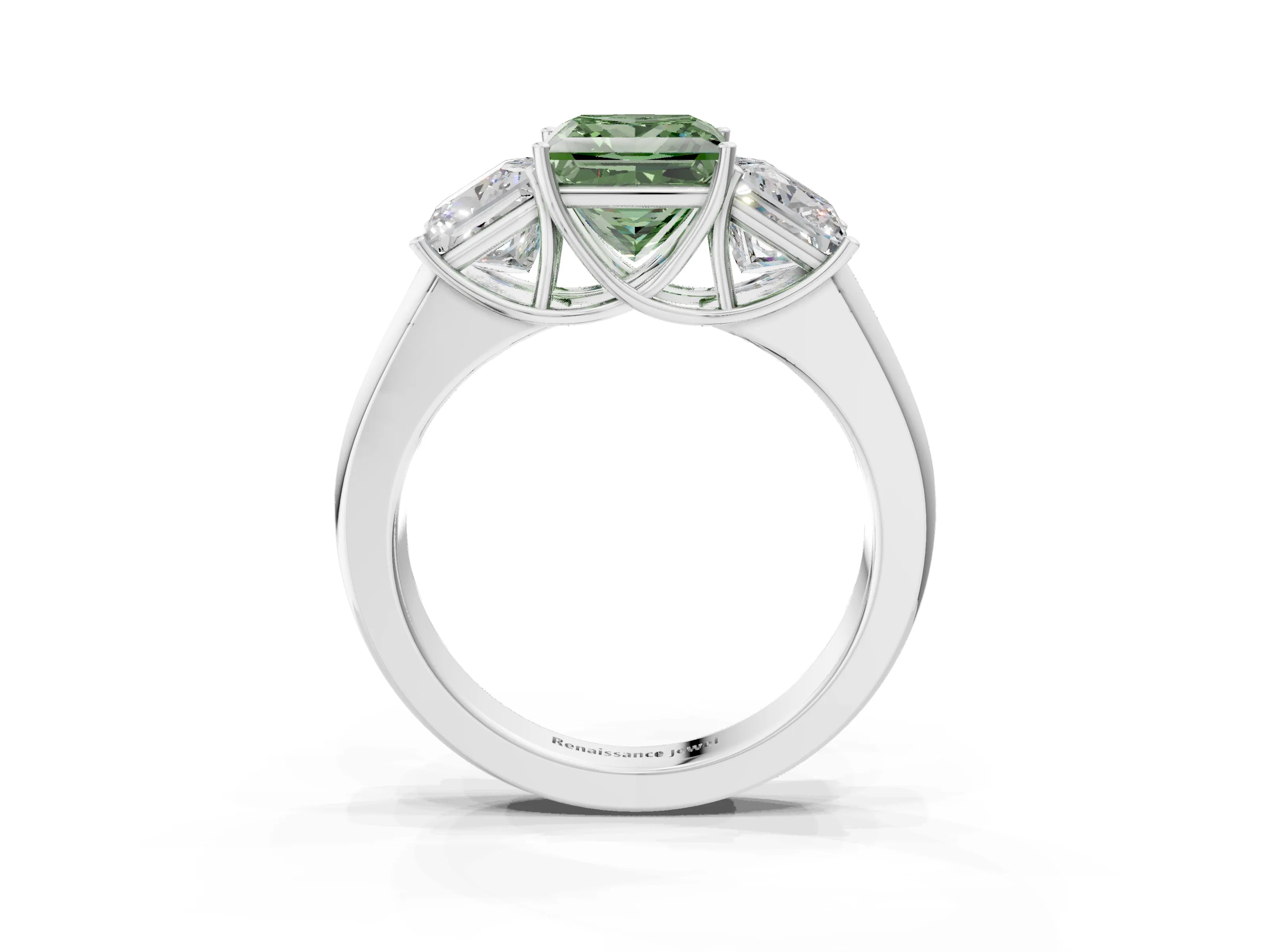 White gold Three-Stone Fancy Green Princess Cut Cut Diamond Ring with Prong Setting and Classic Band_3