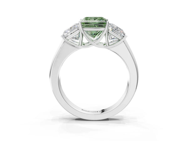 Platinum Three-Stone Fancy Green Princess Cut Cut Diamond Ring with Prong Setting and Classic Band