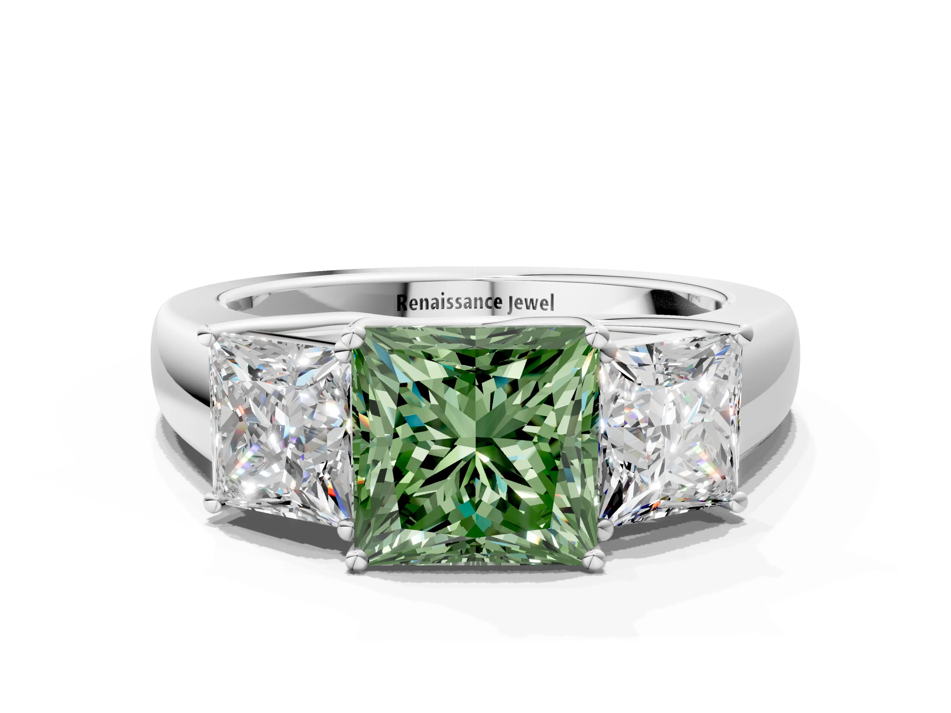 White gold Three-Stone Fancy Green Princess Cut Cut Diamond Ring with Prong Setting and Classic Band