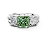 White gold Three-Stone Fancy Green Princess Cut Cut Diamond Ring with Prong Setting and Classic Band