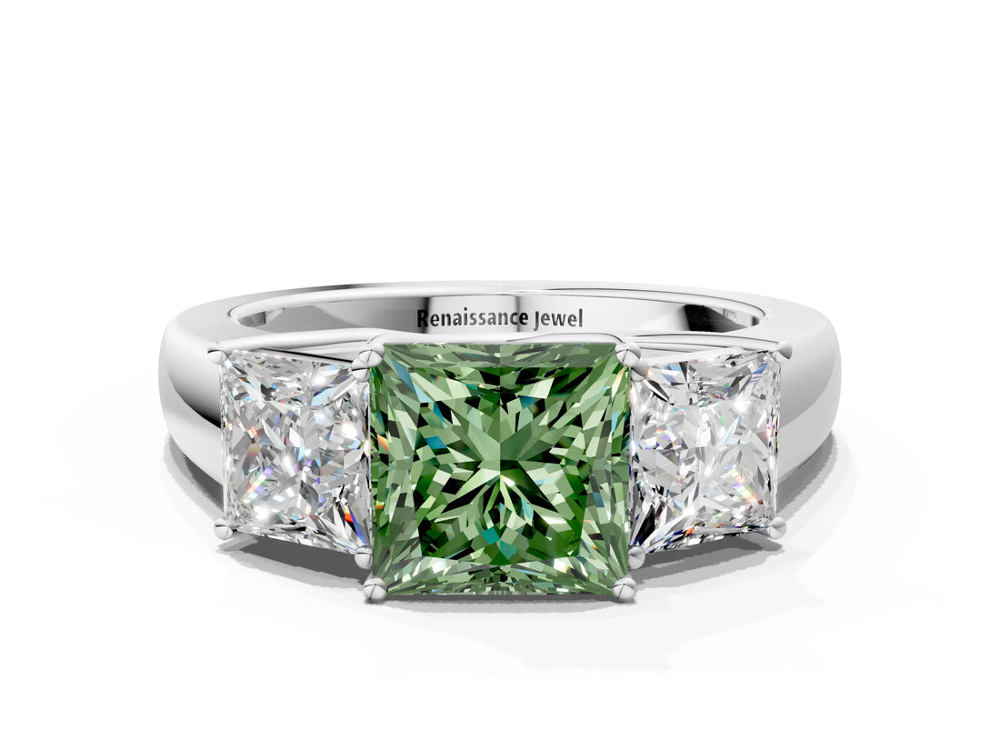 White gold Three-Stone Fancy Green Princess Cut Cut Diamond Ring with Prong Setting and Classic Band