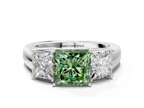 White gold Three-Stone Fancy Green Princess Cut Cut Diamond Ring with Prong Setting and Classic Band