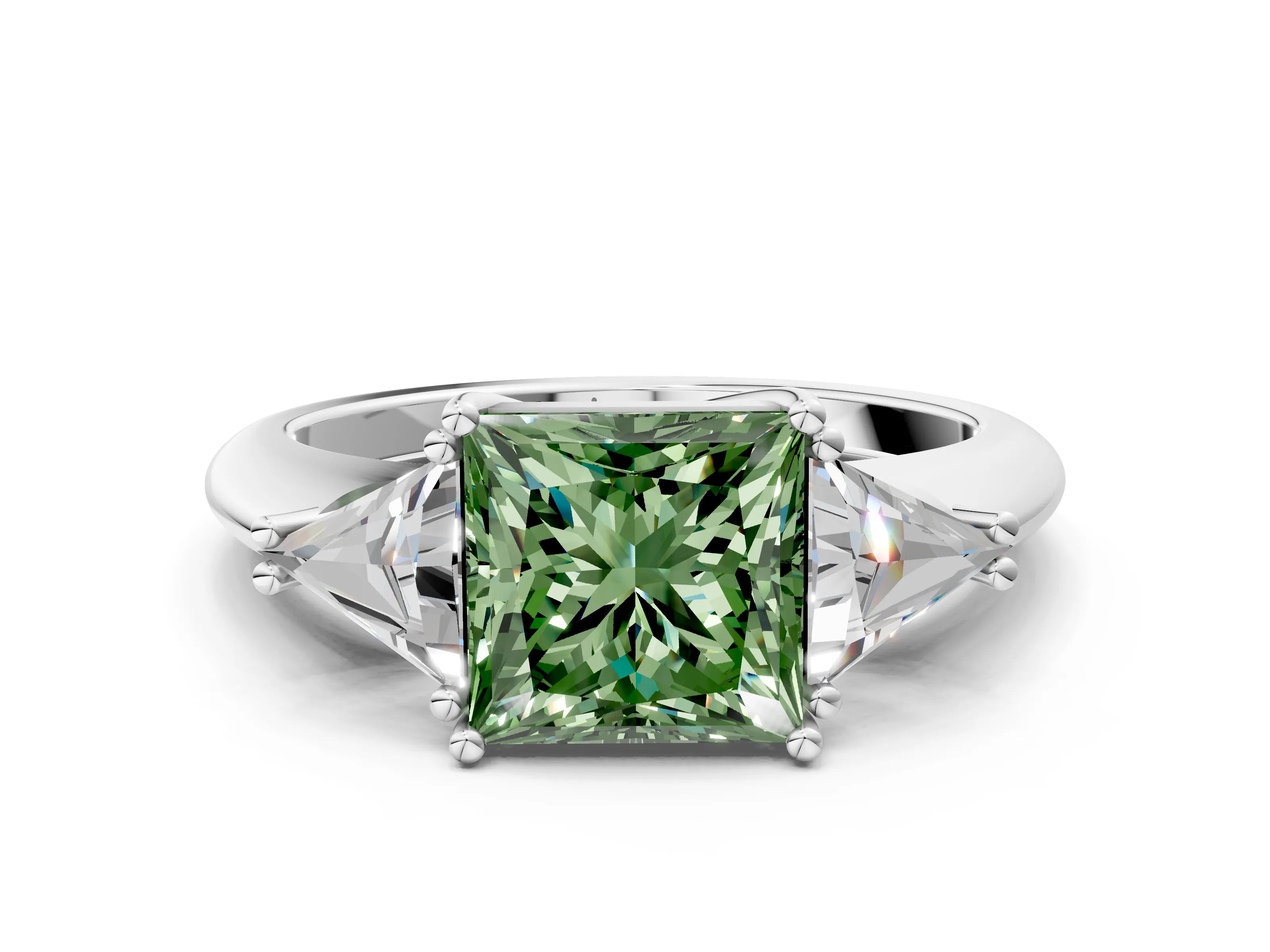 White gold Three-Stone Fancy Green Princess Cut Cut Diamond Ring with Trillion Side Stones and Four-Prong Setting_11