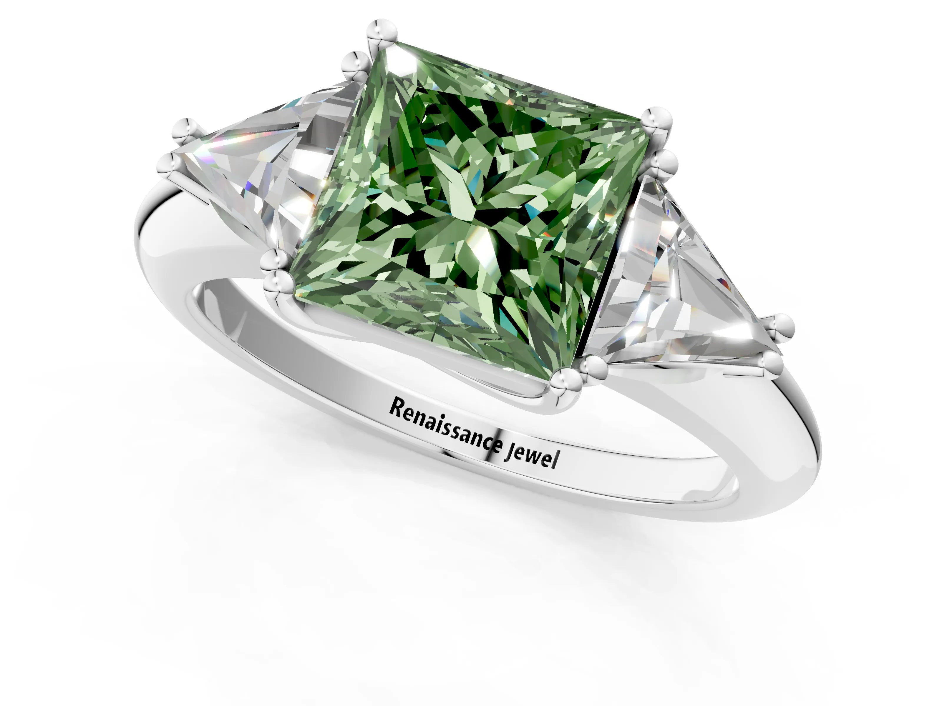 White gold Three-Stone Fancy Green Princess Cut Cut Diamond Ring with Trillion Side Stones and Four-Prong Setting_12