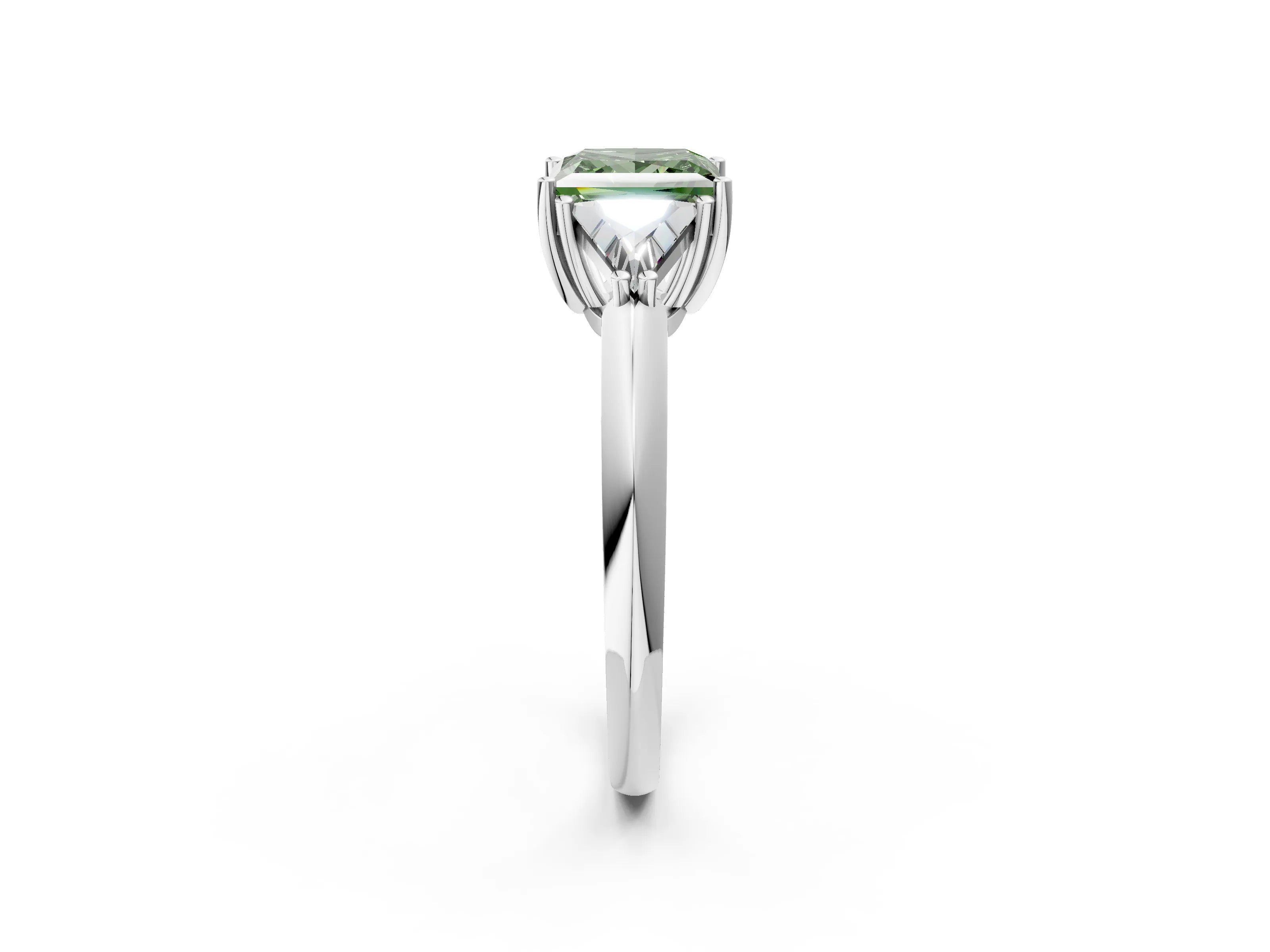 White gold Three-Stone Fancy Green Princess Cut Cut Diamond Ring with Trillion Side Stones and Four-Prong Setting_13