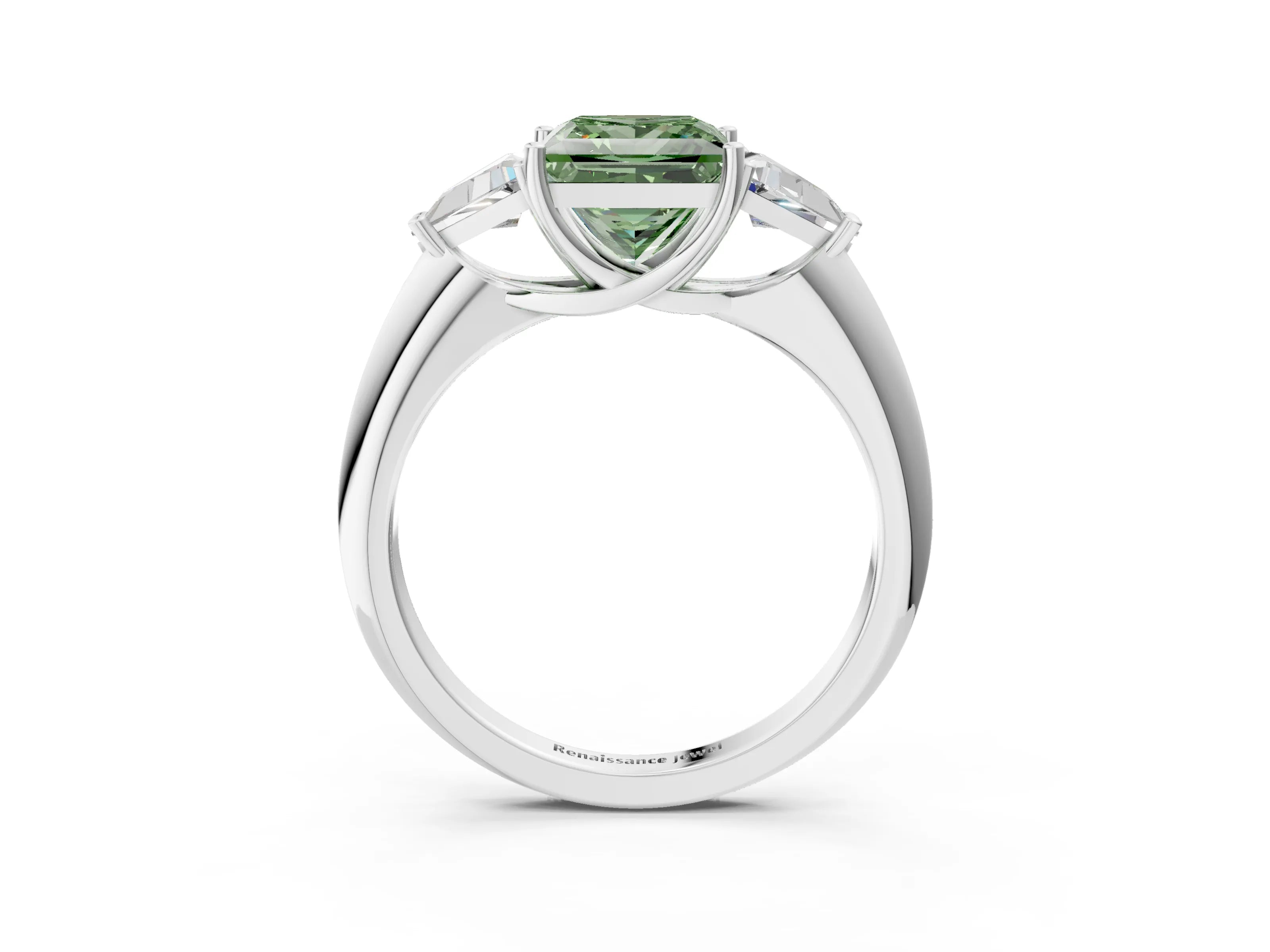 White gold Three-Stone Fancy Green Princess Cut Cut Diamond Ring with Trillion Side Stones and Four-Prong Setting_14