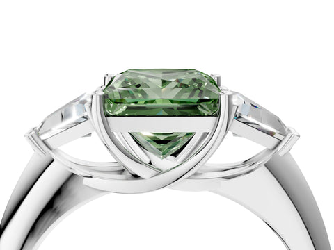 White gold Three-Stone Fancy Green Princess Cut Cut Diamond Ring with Trillion Side Stones and Four-Prong Setting_15